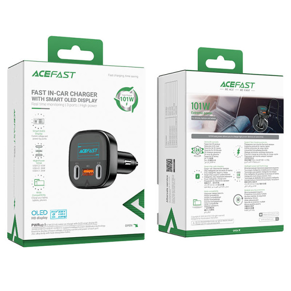 Фото - Автомобильное зарядное устройство AceFast B5 101W (2C+A) metal car charger with OLED smart display (6974316281436)