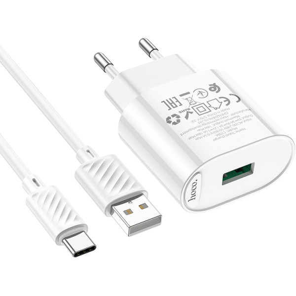 Фото - Сетевое зарядное устройство HOCO C109A Fighter single port QC3.0 charger set Type-C White (6931474784834)