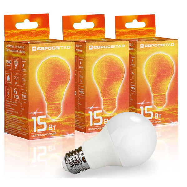 Фото - Лампочка светодиодная Євросвітло 15Вт 4200К A-15-4200-27 Е27 3 шт. (000056824) Фото - Лампочка светодиодная Євросвітло 15Вт 4200К A-15-4200-27 Е27 3 шт. (000056824)