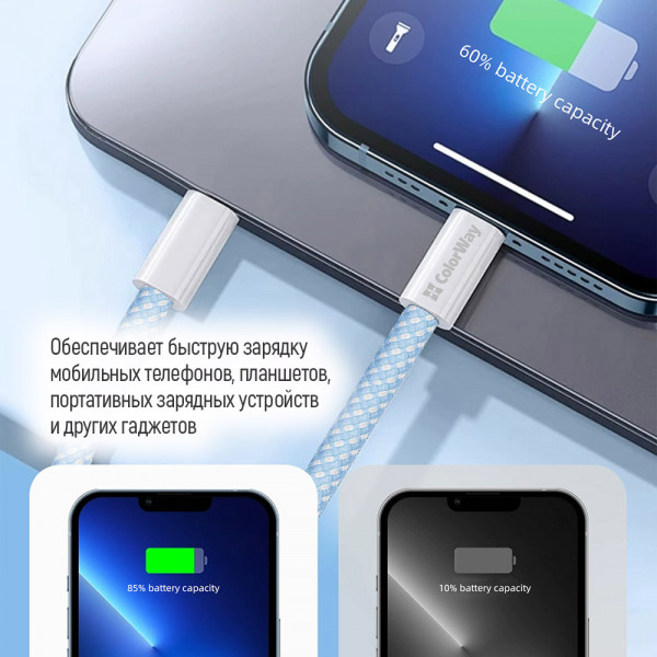 Фото - Кабель синхронизации данных Colorway Type-C - Type-C (PD Fast Charging 60W) 3.0А 1м синий (CW-CBPDCC061-BL)