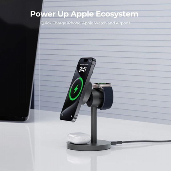 Фото - Беспроводное зарядное устройство Aukey MagFusion 3-in-1 15W Qi2 (LC-MC311) Gray