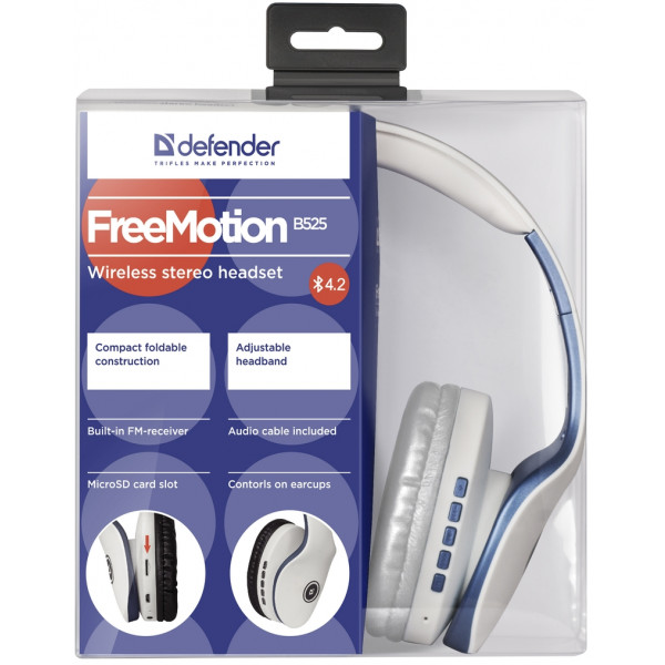 Фото - Наушники полноразмерные беспроводные Defender FreeMotion B525 Bluetooth White-Blue (63526)