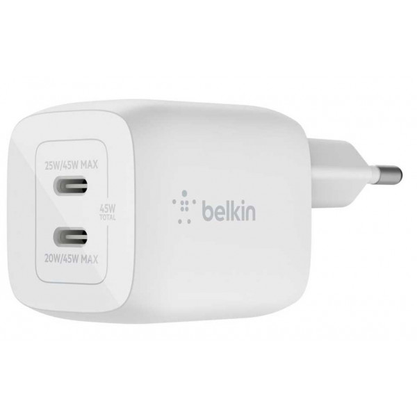 Фото - Сетевое зарядное устройство Belkin Home Charger 45W GAN PD PPS Dual USB-С (WCH011VFWH)