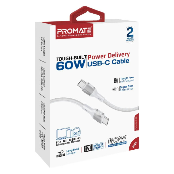 Фото - Кабель синхронизации данных Promate USB-C - USB-C (fletchlink-cc.grey)