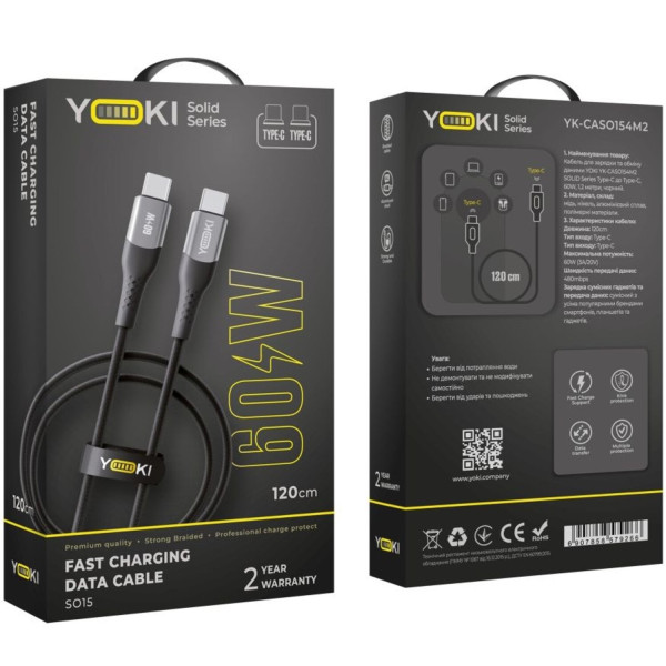 Фото - Кабель синхронизации данных YOKI SOLID Type-C to Type-C 60W 1.2m Black (YK-SO15)
