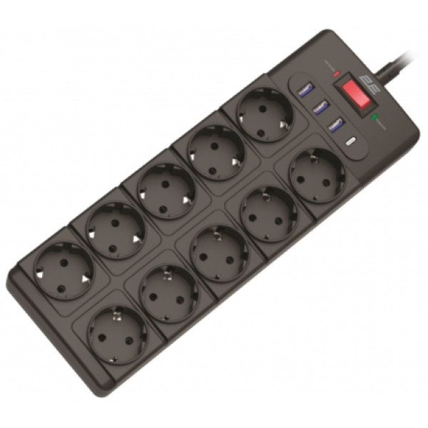 Фото - Сетевой фильтр 2E 10xТипF, 16A, 3xUSB-A, 1xUSB-C 3m Black (2E-SP10M3USBBK)