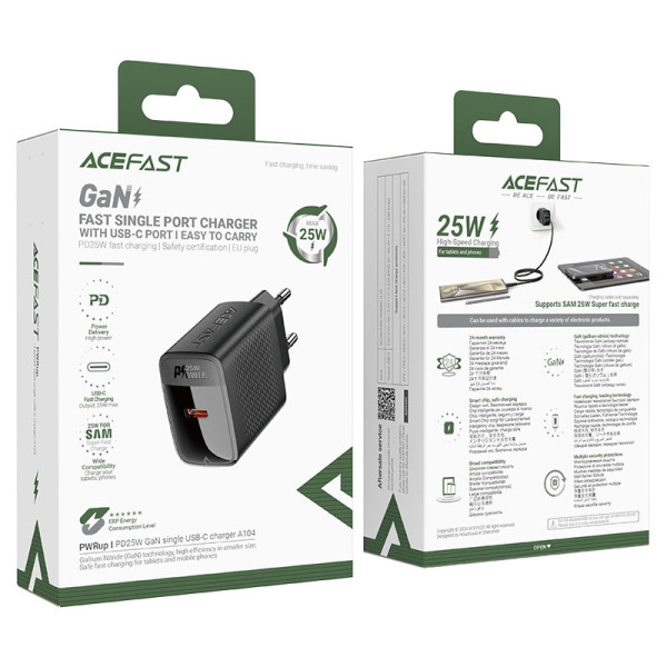 Фото - Сетевое зарядное устройство AceFast A104 PD25W GaN single USB-C charger Black (6974316283355)