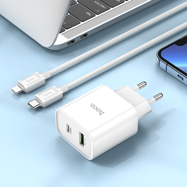 Фото - Сетевое зарядное устройство HOCO C80A Plus Rapido PD20W+QC3.0 charger set(C to iP) White (6931474779892)