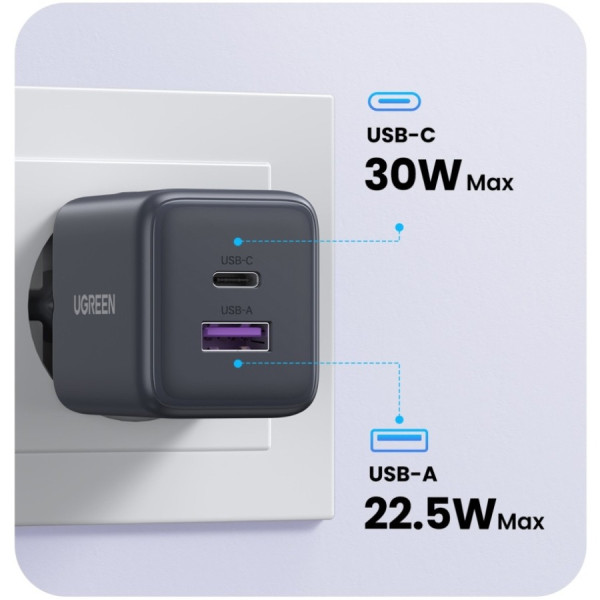 Фото - Сетевое зарядное устройство UGREEN 2xUSB 30W USB-A + USB-C X516 Gan Gray (55539)