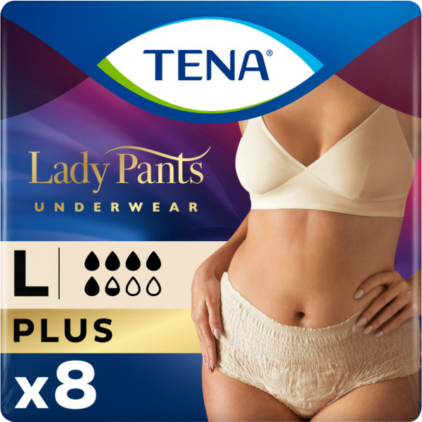 Фото - Одноразовые подгузники-трусики Tena урологические для женщин Slim Pants Plus L бежевые 8 шт (7322540920796)