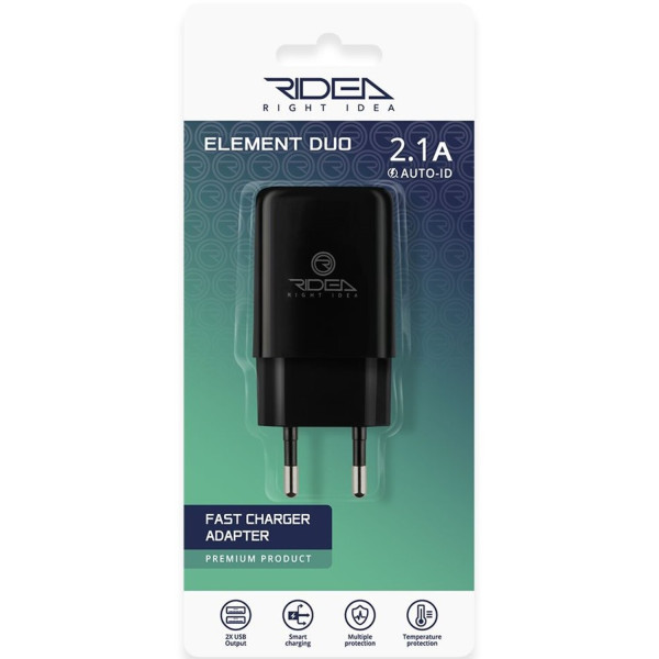Фото - Сетевое зарядное устройство Ridea Element Duo 2USB 2.1 A Black (RW-21011)