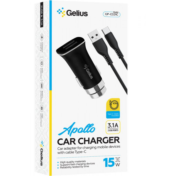 Фото - Автомобильное зарядное устройство Gelius Pro Apollo GP-CC01 2USB 3.1A 15W + Cable Type-C Black (92661)