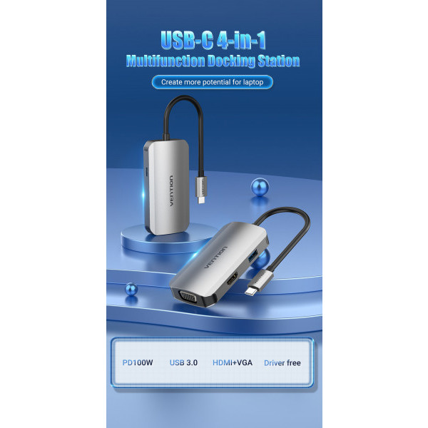 Фото - Хаб USB Vention USB3.1 Type-C - HDMI/VGA/USB 3.0/PD 100W Hub 4-in-1 (TOAHB)