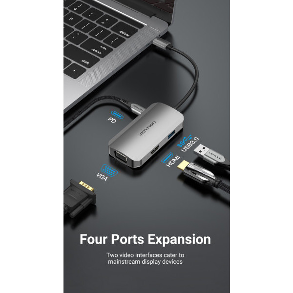 Фото - Хаб USB Vention USB3.1 Type-C - HDMI/VGA/USB 3.0/PD 100W Hub 4-in-1 (TOAHB)