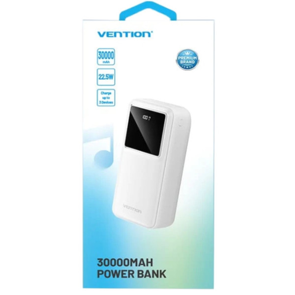 Фото - Батарея мобильная Vention 30000mAh 22.5W 3A PD QC3.0 Micro-USB USB-C 2xUSB-A LED Display White (FHMW0)
