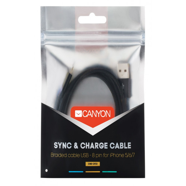 Фото - Кабель синхронизации данных Canyon Lightning USB for Apple 1m Black (CNE-CFI3B)