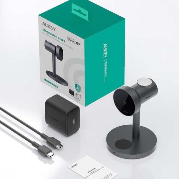 Фото - Беспроводное зарядное устройство Aukey MagFusion 3-in-1 15W Qi2 (LC-MC311) Gray