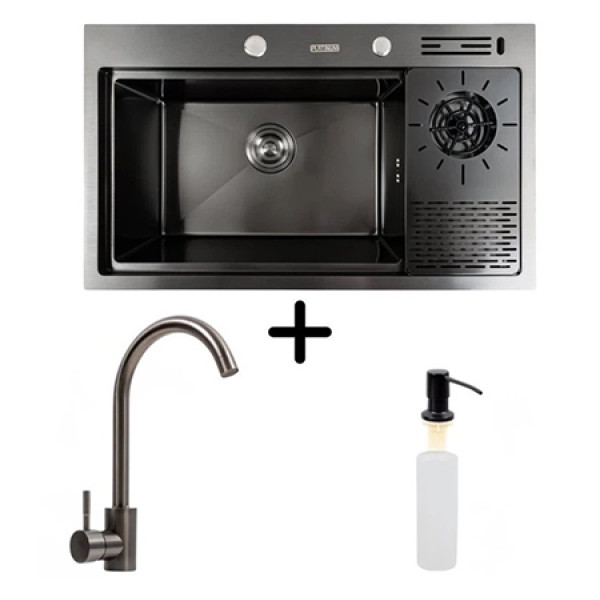 Фото - Мойка кухонная+смеситель+дозатор VALESO PVD 78х46 черная Handmade + колландер