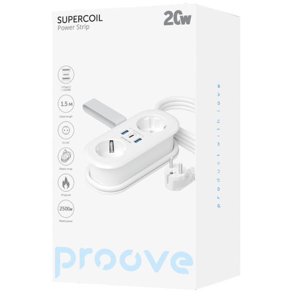 Фото - Сетевой фильтр Proove Supercoil 20W (2xAC + Type-C + 2xSB) 1.5m White (PSPS25002102)