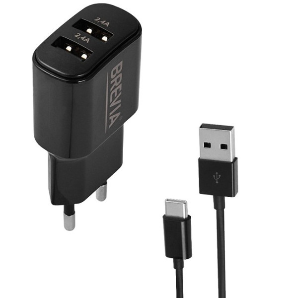 Фото - Сетевое зарядное устройство Brevia ePower 12W 2xUSB-A + Cable USB-A to USB-C 1m (45012DUCB)