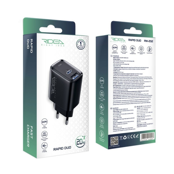Фото - Сетевое зарядное устройство Ridea Rapid Duo 1USB/1USB-C QC/PD 20W Black (RW-20220)