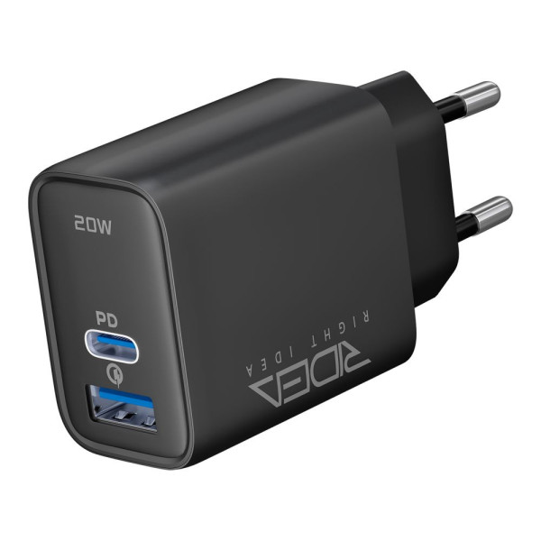Фото - Сетевое зарядное устройство Ridea Rapid Duo 1USB/1USB-C QC/PD 20W Black (RW-20220)