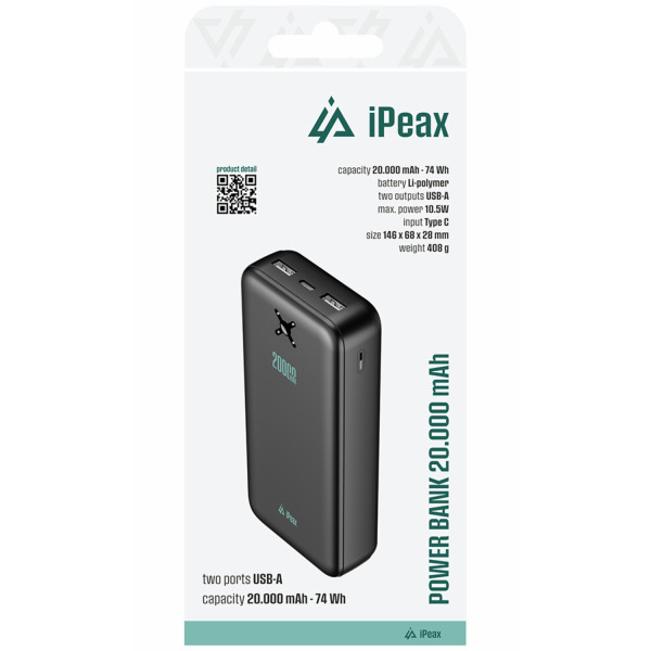 Фото - Батарея мобильная iPEAX 20000 mAh 10,5W Black (8595217491939)