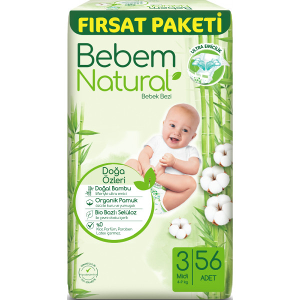 Фото - Одноразовые подгузники Bebem Natural 3 midi 4-9 кг 56 шт. (8690536831951)