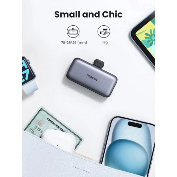 Фото - Батарея мобильная UGREEN 5000mAh 22,5W  USB-C In/Out, with build-in Type-C connector PB503 Gray (35338)