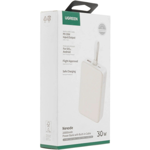 Фото - Батарея мобильная UGREEN 20000 mAh 30W PD3.0/QC3.0 USB-A,USB-С IN/OUT, with build-in USB-C Cable PB521 Beige (45207)