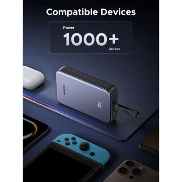 Фото - Батарея мобильная UGREEN 20000mAh 20W PD3.0/QC3.0, USB-A,USB-С IN/OUT, with build Type-C cable PB505 Gray (45762)