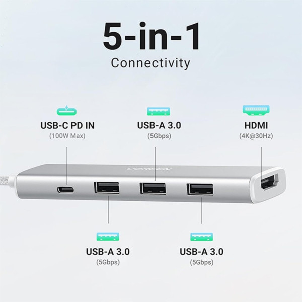 Фото - Хаб USB UGREEN SB3.0 Type-C HDMI/3xUSB3.0/Type-C/PD 100W CM478 5in1 (35580)