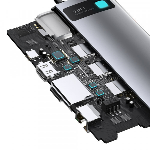 Фото - Док-станция Baseus USB3.1 Type-C USB C(PD)100W/HDMI 4K 30Hz/VGA/USB3.2/RJ45/SD+TF 9in1 Grey (CAHUB-CU0G)