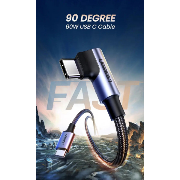 Фото - Кабель синхронизации данных UGREEN US255 USB Type-C to Angled USB Type-C 60W Round 0.5m Black/Gray (50122)
