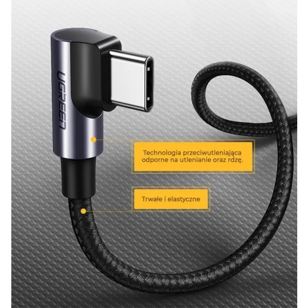 Фото - Кабель синхронизации данных UGREEN US255 USB Type-C to Angled USB Type-C 60W Round 0.5m Black/Gray (50122)
