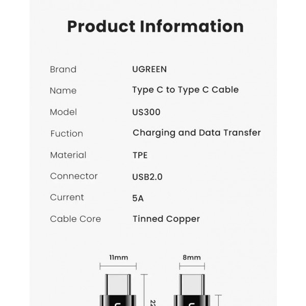 Фото - Кабель синхронизации данных UGREEN US300 Type C 2.0 Male To Type C 2.0 Male 5A Data  1.5m Black (20528)