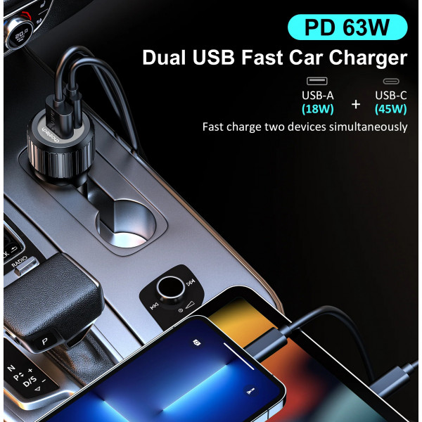 Фото - Автомобильное зарядное устройство Choetech 1USB Type C 63W 1USB 18W PD3.0 QC3.0 Black (TC0010)