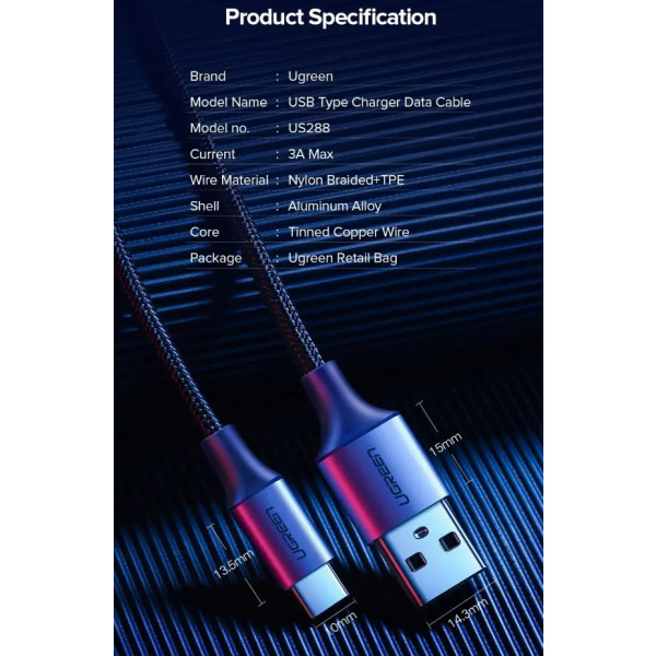 Фото - Кабель синхронизации данных UGREEN US288 USB 2.0 to USB Type-C 0.5m Black (60125)