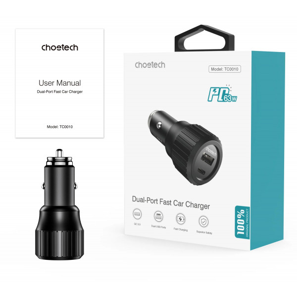 Фото - Автомобильное зарядное устройство Choetech 1USB Type C 63W 1USB 18W PD3.0 QC3.0 Black (TC0010)