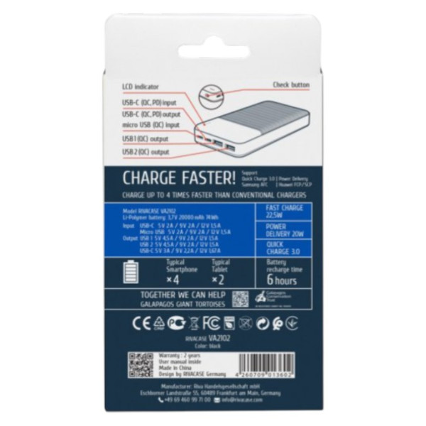 Фото - Батарея мобильная RIVACASE 20000 mA QC/PD 22.5W VA2102 (Black)