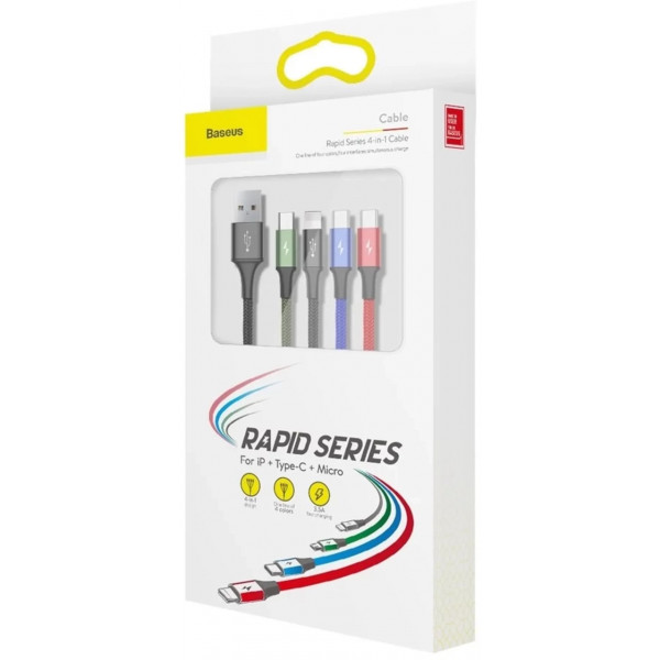 Фото - Кабель синхронизации данных Baseus Fast 4-in-1 USB - Lightning+USB-C(2)+MicroUSB 3.5A 1.2m Black(CA1T4-B01)