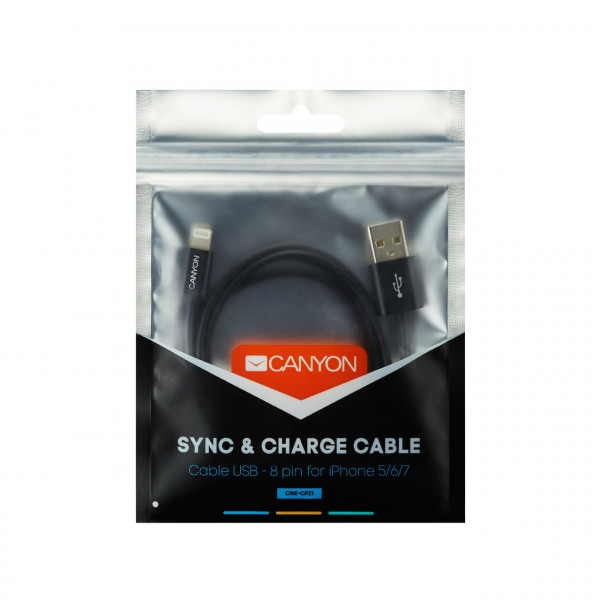 Фото - Кабель синхронизации данных Canyon Lightning USB for Apple 1m Black (CNE-CFI1B)