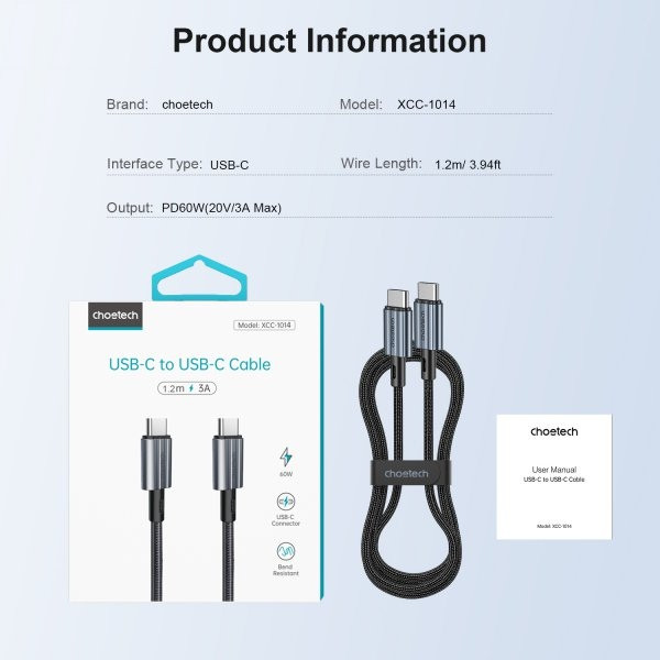 Фото - Кабель синхронизации данных Choetech USB 2.0 C-тато/C-тато 1.2m (XCC-1014-BK)