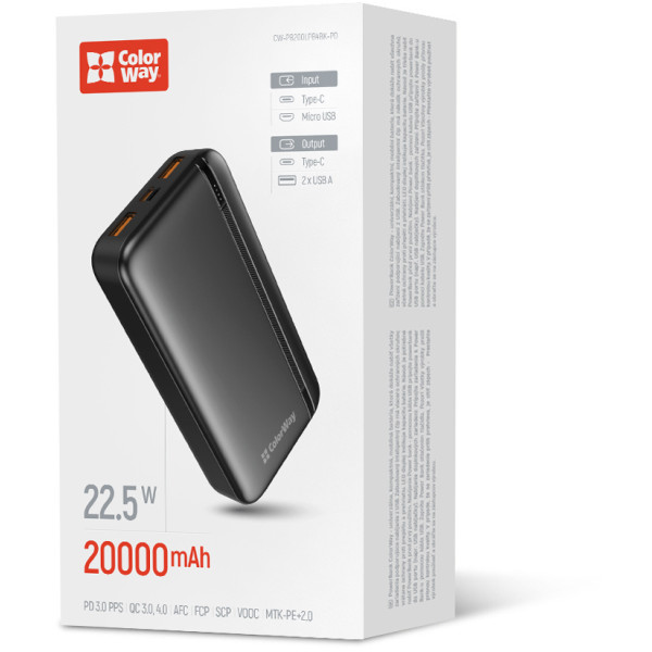 Фото - Батарея мобильная Colorway 20000 Ah Portable Charger USB QC3.0 + USB-C PD22.5W Black (CW-PB200LPB4BK-PD)