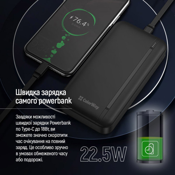 Фото - Батарея мобильная Colorway 20000 Ah Portable Charger USB QC3.0 + USB-C PD22.5W Black (CW-PB200LPB4BK-PD)