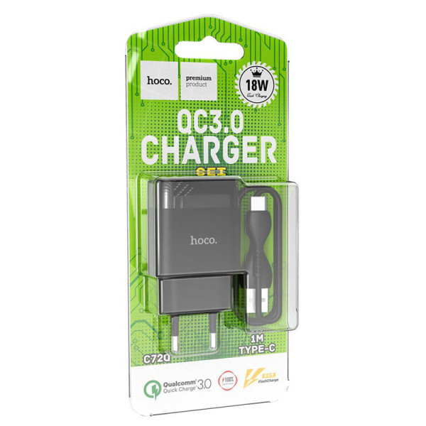 Фото - Сетевое зарядное устройство HOCO C72Q QC3.0 charger set(Type-C) 18W Black (6931474732545)