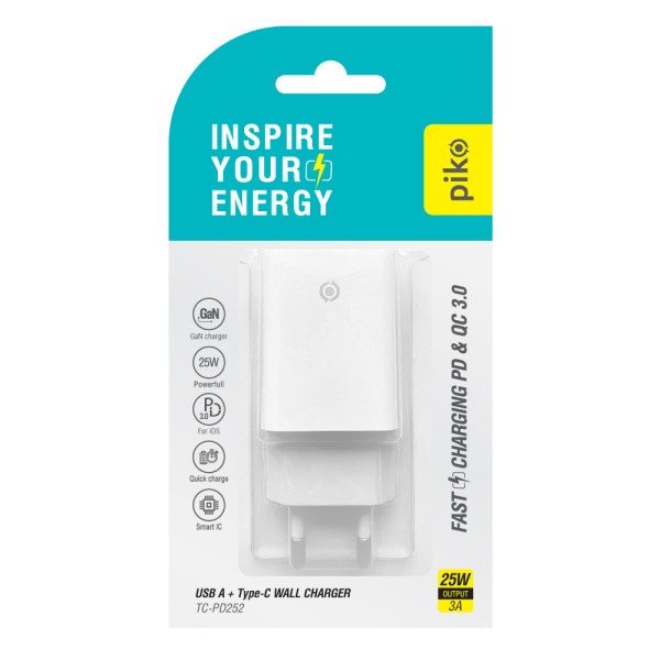 Фото - Сетевое зарядное устройство Piko 25W GaN USB-C PD+USB-A QC 3.0 White (TC-PD252) (1283126623592)