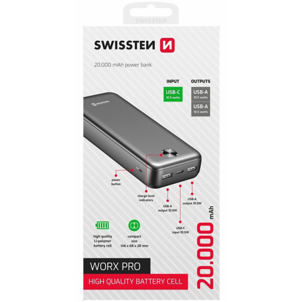 Фото - Батарея мобильная Swissten 20000 mAh WORX PRO 10.5 Вт Black (8595217490659)
