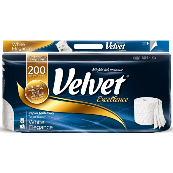 Фото - Туалетная бумага Velvet Excellence Белая 3 слоя 8 рулонов 200 отрывов (5901478995490)