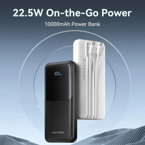 Фото - Батарея мобильная Vention 10000mAh 22.5W 3A PD Micro-USB,USB-C,2xUSB-A Built-in USB-C+Lightning Cables Black (FHOB0)